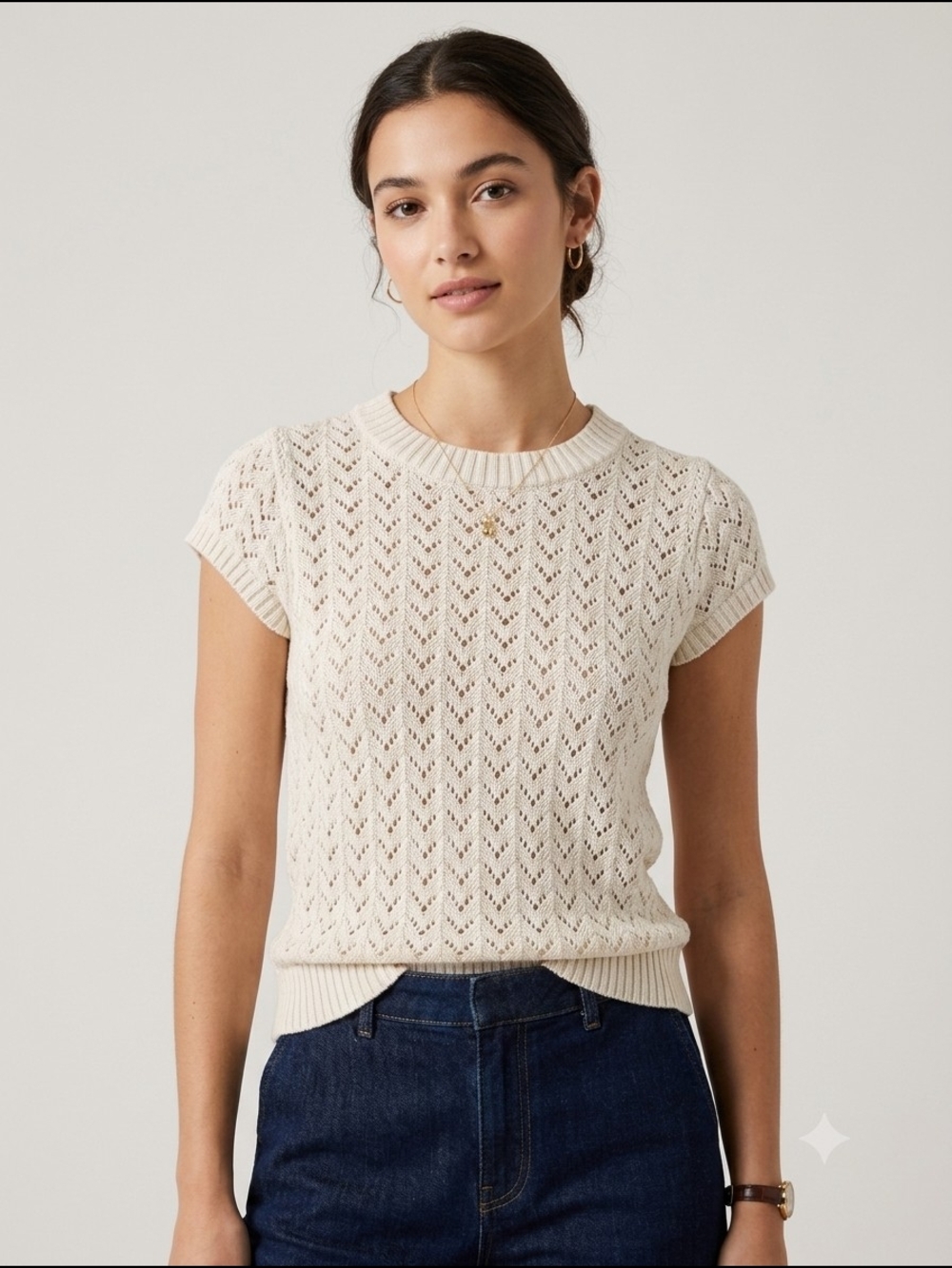 LOFT Cream Short-Sleeve Openwork Crewneck Sweater